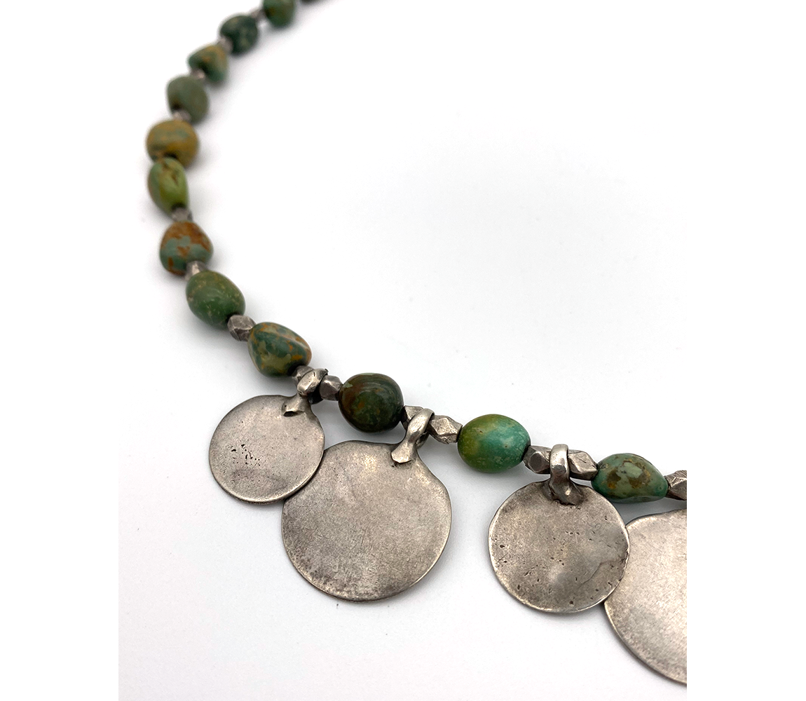 Danielle Carbone Mexican Turquoise Hill Tribe Sterling Silver and Seven Antique Indian Coins Necklace